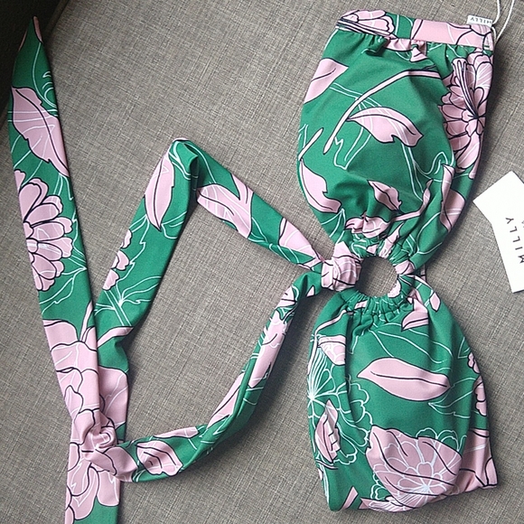Milly Cabana Luxury Pink and Green Floral Halter Bikini Resort Cheeky Large NWT - Picture 2 of 13